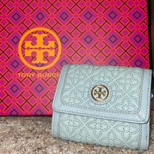 Tory burch mini blue trifold wallet